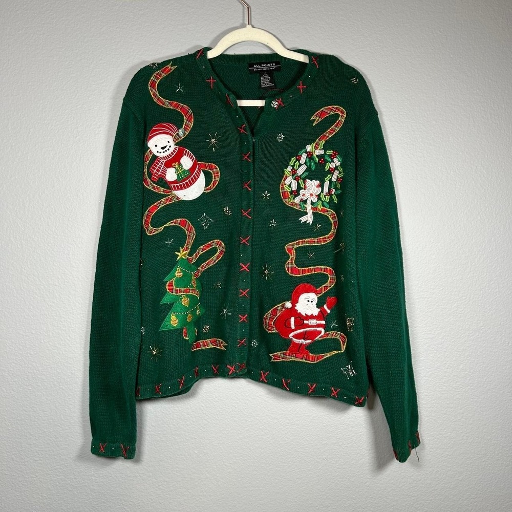 Vintage Knit Christmas Cardigan Snowman Santa Womens XL Holidays Festive Teacher